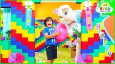 Ryan in Giant Lego Box Fort House Easter Eggs Hunt Challenge!