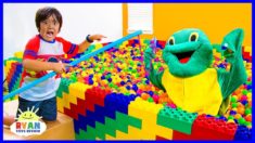 Ryan Pretend Play Fishing in the Giant Lego Box Fort Ball Pits for animals!