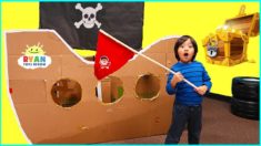 Ryan Pretend Play with Box Fort Pirate Ship Treasure Hunting!!