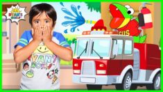 Ryan Pretend Play learning Fire Safety from Firefighters with Gus the Gummy Gator!