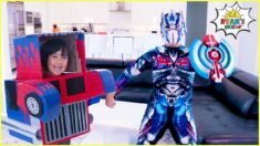 Superhero Ryan Transformer vs Optimus Prime Mommy Pretend Play Story!!