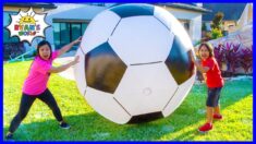 Ryan play with Giant Soccer Ball and Learn about Force and Motion for kids!!