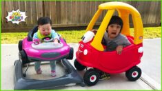 Ryan car racing with baby Emma and Kate Pretend Play!!
