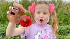 Nastya and dad pick vegetables on the farm for mom