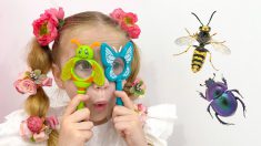 Nastya studies insects with her dad