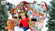 Ryan in Giant Christmas Ginger Bread Cardboard Box Play House!